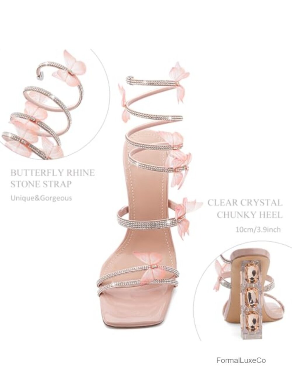 Square Toe Rhinestone Butterfly Prom Sandals Heels - Picture 5 of 6